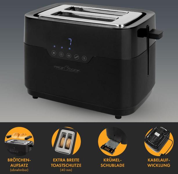 ProfiCook Toaster PC-TA 1244, 2 Scheiben, Sensor Touch-Bedienung, Brötchenaufsatz, schwarz