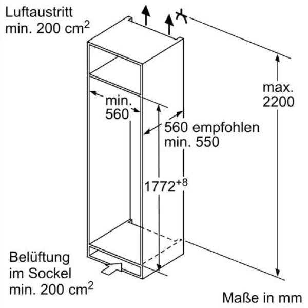 Neff KI2822FE0 N50 Einbaukühlschrank, Nischenhöhe 177,5 cm, 280 L, mit Gefrierfach, Festtürtechnik, Super Cooling, Vario Zone, weiß