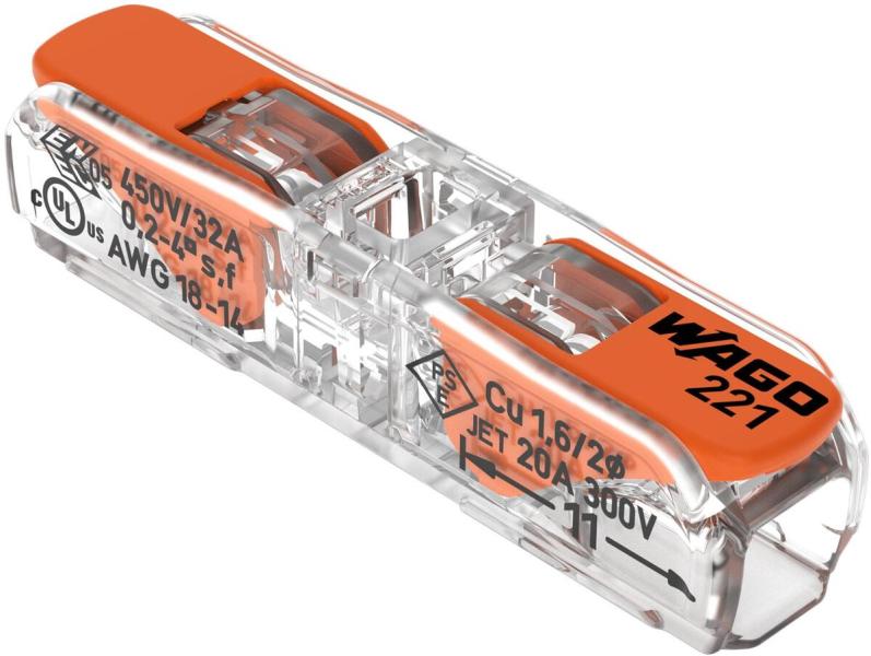 ARDEBO.de Wago 221-2411 Durchgangsverbinder mit Hebeln, für alle Leiterarten, max. 4 mm², 2 Leiter, Gehäusefarbe transparent, Deckelfarbe transparent, 4,00 mm², transparent