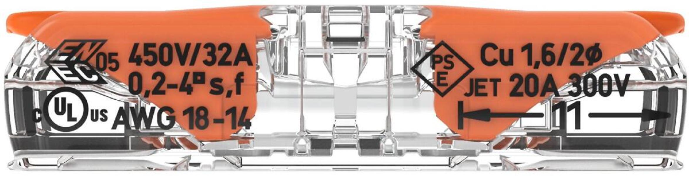 Wago 221-2411 Durchgangsverbinder mit Hebeln, für alle Leiterarten, max. 4 mm², 2 Leiter, Gehäusefarbe transparent, Deckelfarbe transparent, 4,00 mm², transparent