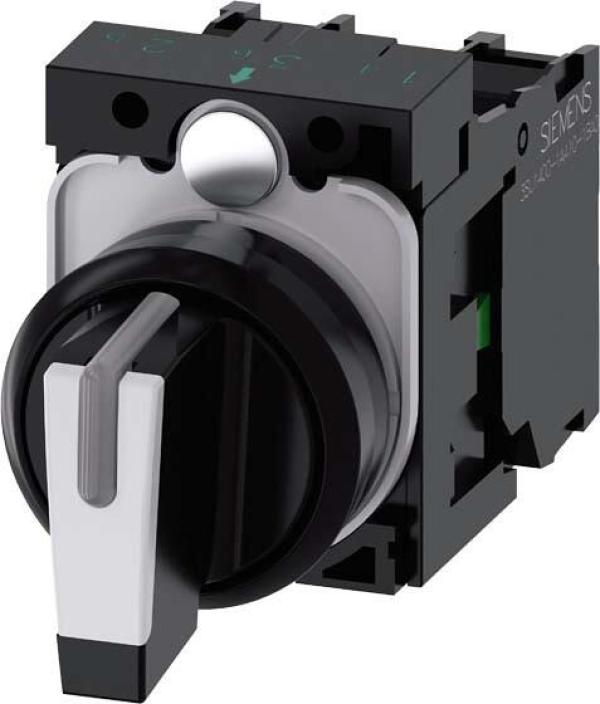 ARDEBO.de Siemens 3SU1100-2BM60-1NA0 Knebelschalter, beleuchtbar, 22 mm, rund, Kunststoff, weiß, Knebel, kurz, 3 Schaltstellungen, tastend, 10:30h/12h/13:30h, mit Halter, 1S, 1S, Schraubanschluss