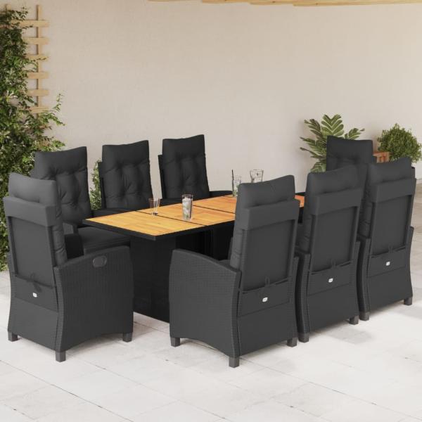 ARDEBO.de - 9-tlg. Garten-Essgruppe mit Kissen Schwarz Poly Rattan