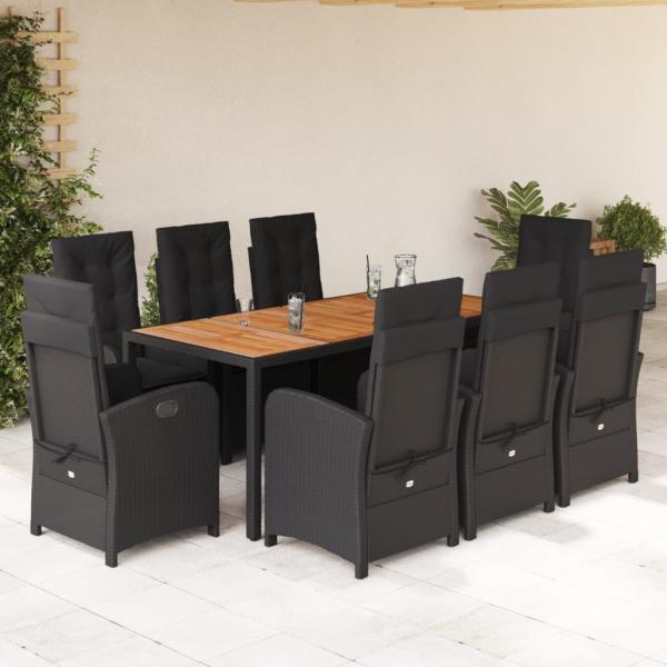 ARDEBO.de - 9-tlg. Garten-Essgruppe mit Kissen Schwarz Poly Rattan