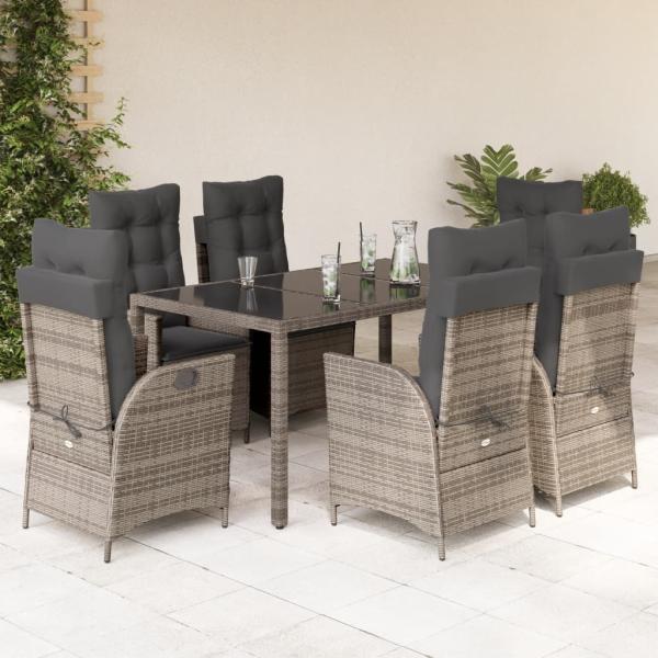 ARDEBO.de - 7-tlg. Garten-Essgruppe mit Kissen Grau Poly Rattan