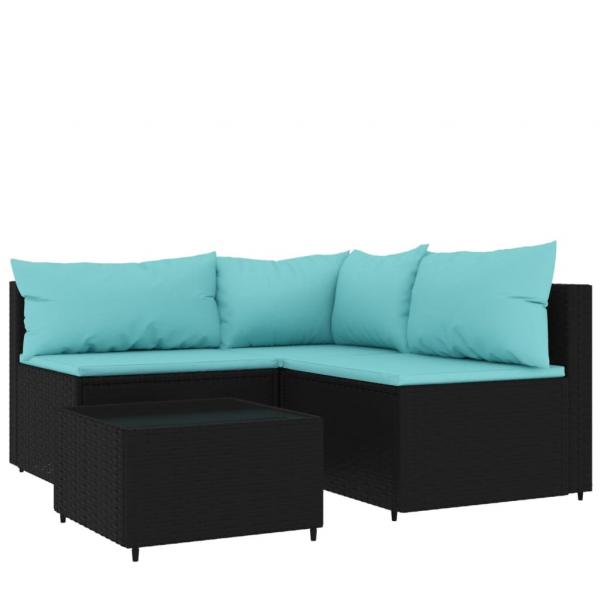 4-tlg. Garten-Lounge-Set mit Kissen Schwarz Poly Rattan