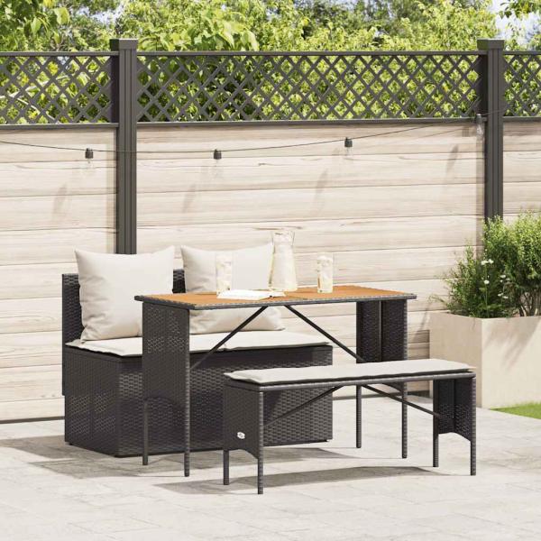 ARDEBO.de - 3-tlg. Garten-Essgruppe mit Kissen Schwarz Poly Rattan