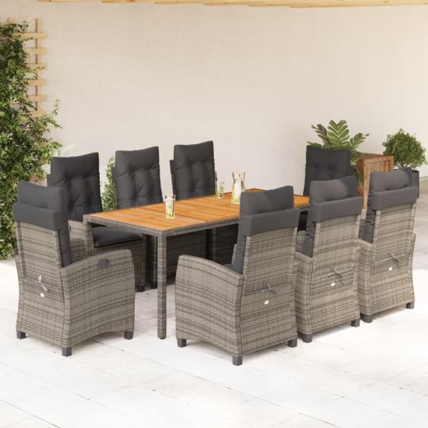 ARDEBO.de - 9-tlg. Garten-Essgruppe mit Kissen Grau Poly Rattan