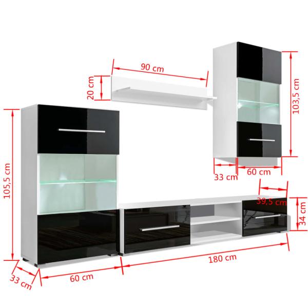 4-tlg. Wohnwand mit TV-Schrank & LED-Leuchten Hochglanz-Schwarz