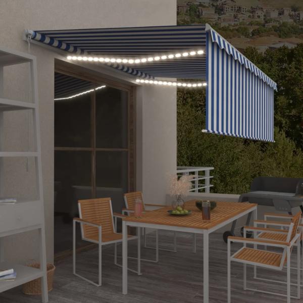 ARDEBO.de - Markise Manuell Einziehbar mit Rollo & LED 4,5x3 m Blau & Weiß