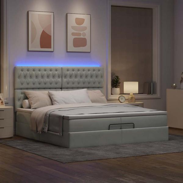 Ottoman-Bett mit Matratzen & LEDs Hellgrau 200x200 cm Samt
