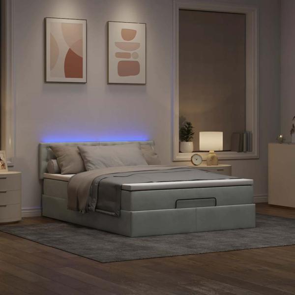 Ottoman-Bett mit Matratze & LEDs Hellgrau 140x190 cm Samt