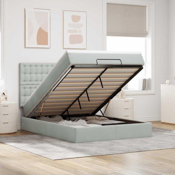 ARDEBO.de - Ottoman-Bett mit Matratzen & LEDs Hellgrau 140x190 cm Samt