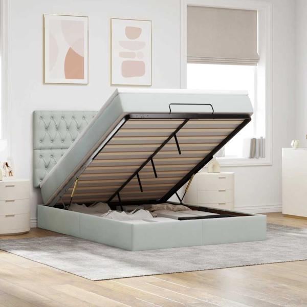 ARDEBO.de - Ottoman-Bett mit Matratzen & LEDs Hellgrau 140x190 cm Samt