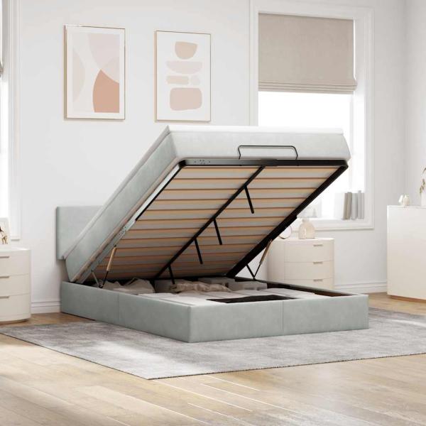 ARDEBO.de - Ottoman-Bett mit Matratze & LEDs Hellgrau 140x190 cm Samt