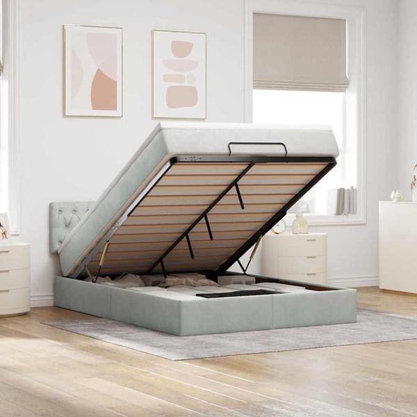 ARDEBO.de - Ottoman-Bett mit Matratze & LEDs Hellgrau 140x190 cm Samt