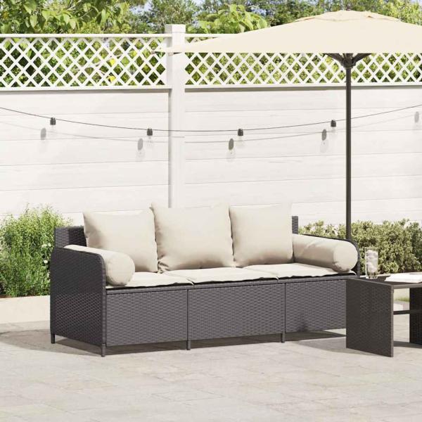 ARDEBO.de - Gartensofa mit Kissen 3-Sitzer Schwarz Poly Rattan