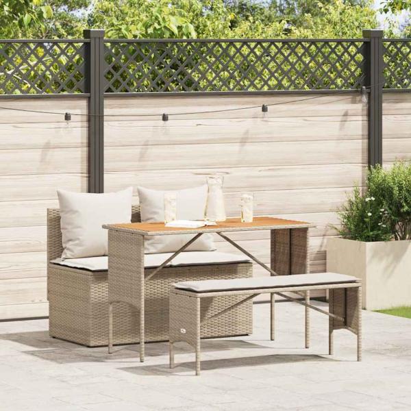 ARDEBO.de - 3-tlg. Garten-Essgruppe mit Kissen Beige Poly Rattan