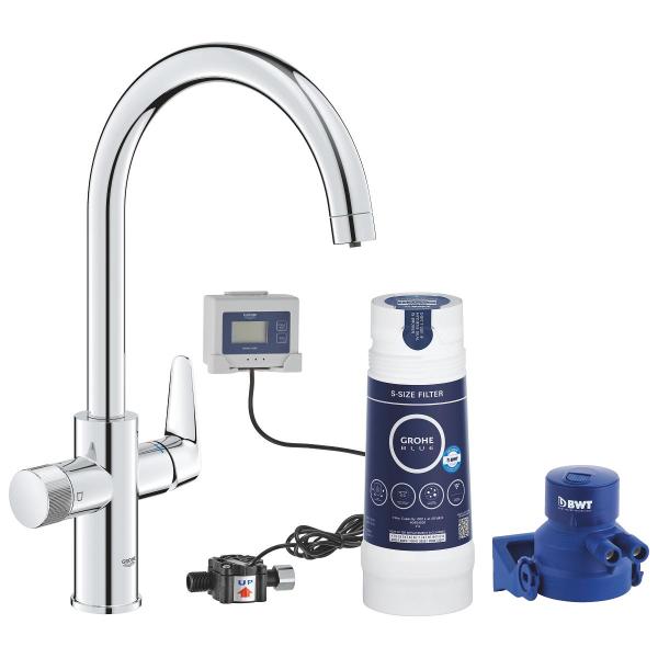 ARDEBO.de GROHE Blue Pure BauCurve Starter Kit, C-Auslauf, Filterkopf, Durchflussmesser, S-Size Filter, chrom (30581000)