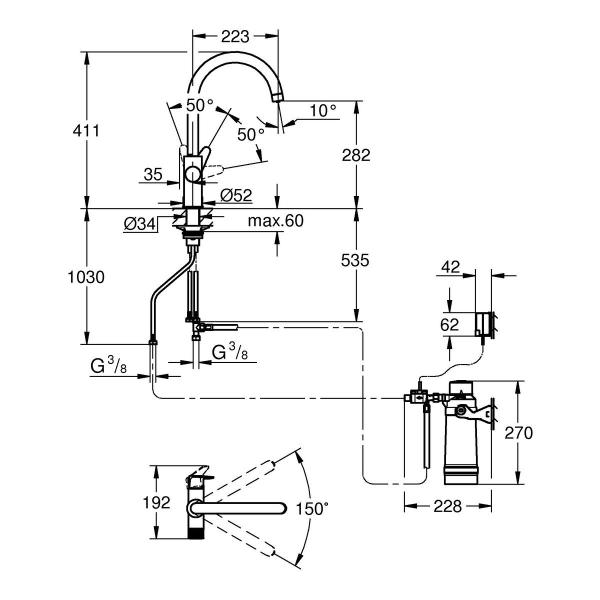 GROHE Blue Pure BauCurve Starter Kit, C-Auslauf, Filterkopf, Durchflussmesser, S-Size Filter, chrom (30581000)