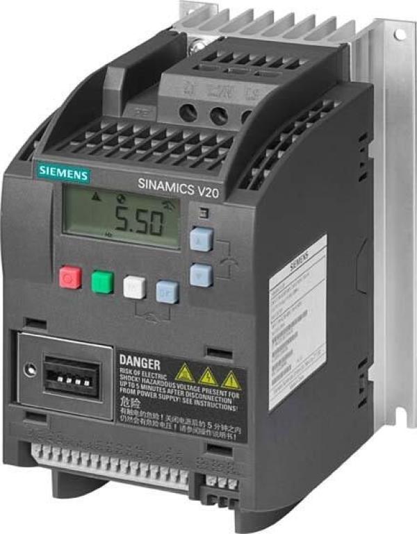 ARDEBO.de Siemens 6SL3210-5BE13-7CV0 SINAMICS V20 3AC 380-480V -15/+10 % 47-63Hz Nennleistung 0,37kW mit 150 % Überlast für 60 Sek. integrierter Filter C3 I/O: 4 DI, 2 DO,2 AI, 1 AO