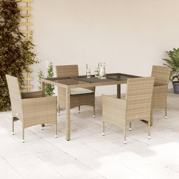 ARDEBO.de - 5-tlg. Garten-Essgruppe mit Kissen Beige Poly Rattan und Glas