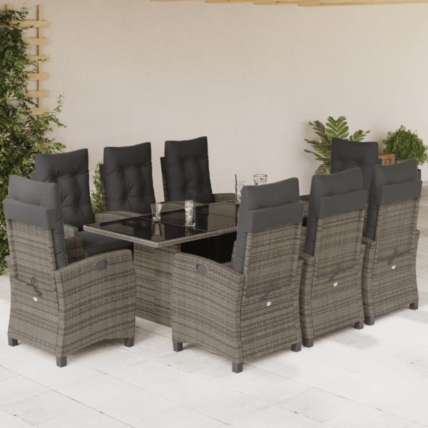 ARDEBO.de - 9-tlg. Garten-Essgruppe mit Kissen Grau Poly Rattan