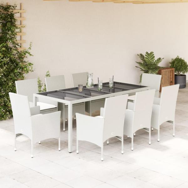 ARDEBO.de - 9-tlg. Garten-Essgruppe mit Kissen Weiß Poly Rattan und Glas