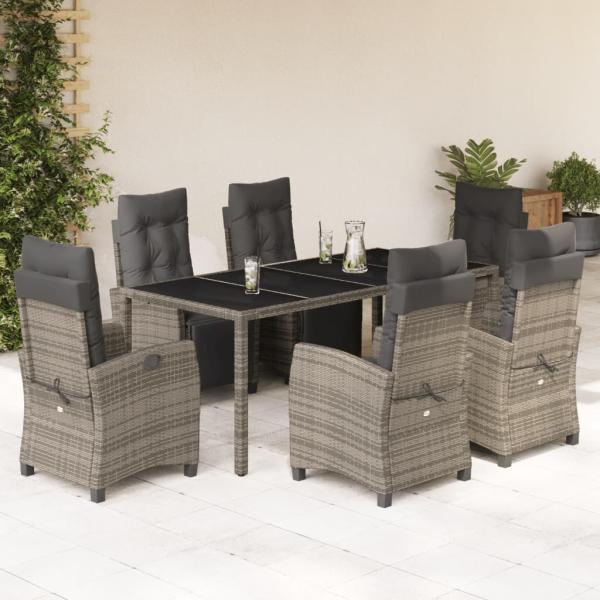 ARDEBO.de - 7-tlg. Garten-Essgruppe mit Kissen Grau Poly Rattan