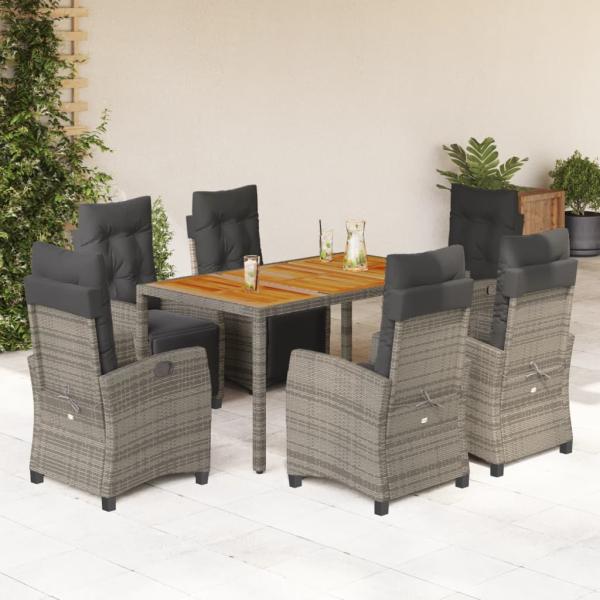 ARDEBO.de - 7-tlg. Garten-Essgruppe mit Kissen Grau Poly Rattan