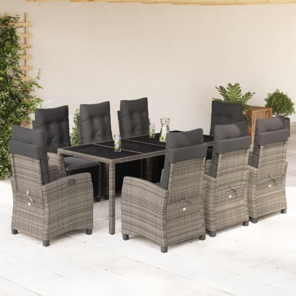 ARDEBO.de - 9-tlg. Garten-Essgruppe mit Kissen Grau Poly Rattan
