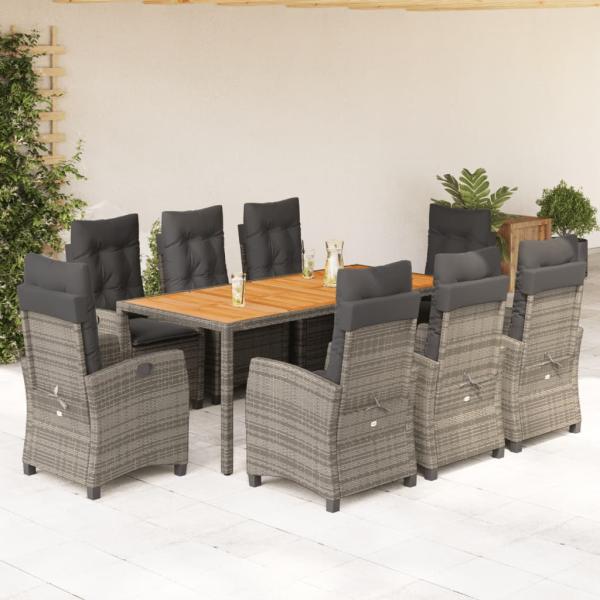 ARDEBO.de - 9-tlg. Garten-Essgruppe mit Kissen Grau Poly Rattan