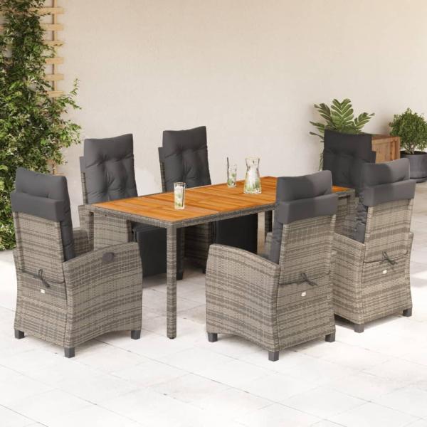 ARDEBO.de - 7-tlg. Garten-Essgruppe mit Kissen Grau Poly Rattan