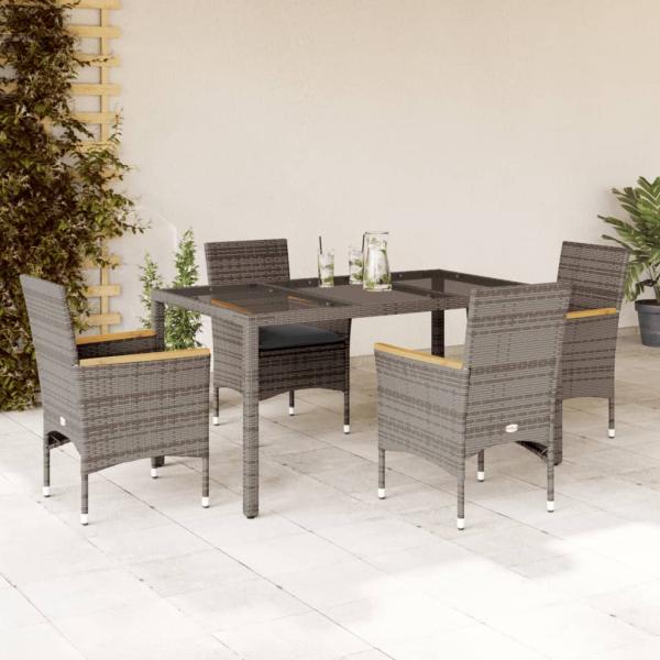 ARDEBO.de - 5-tlg. Garten-Essgruppe mit Kissen Grau Poly Rattan und Glas