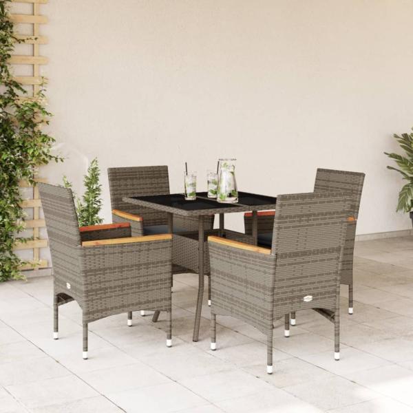ARDEBO.de - 5-tlg. Garten-Essgruppe mit Kissen Grau Poly Rattan und Glas