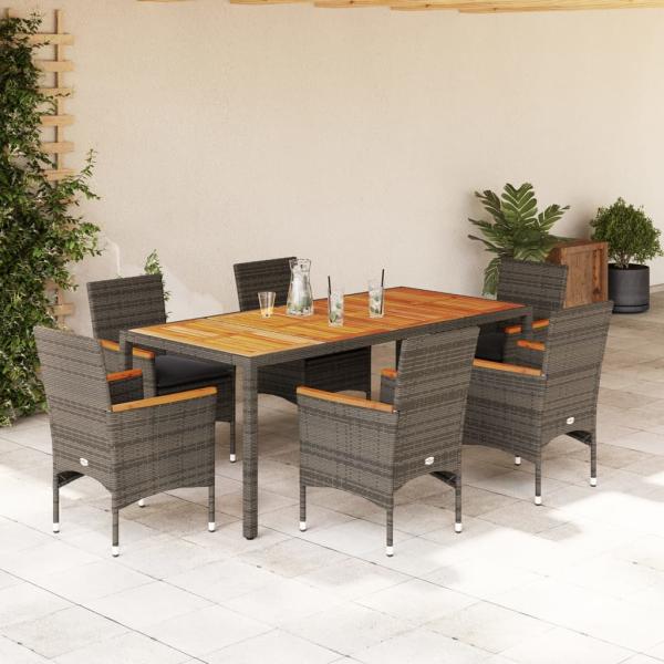 ARDEBO.de - 7-tlg. Garten-Essgruppe mit Kissen Grau Poly Rattan Akazie