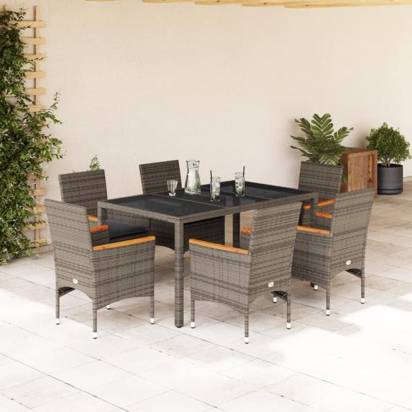 ARDEBO.de - 7-tlg. Garten-Essgruppe mit Kissen Grau Poly Rattan und Glas