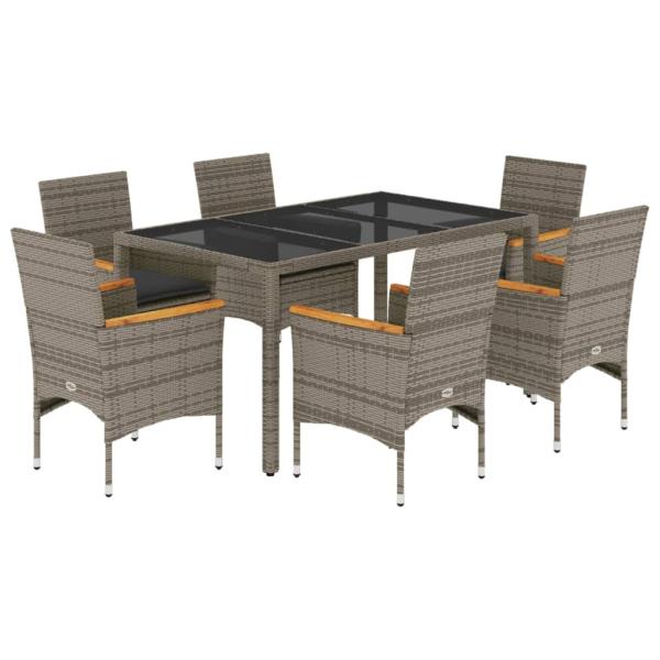 7-tlg. Garten-Essgruppe mit Kissen Grau Poly Rattan und Glas