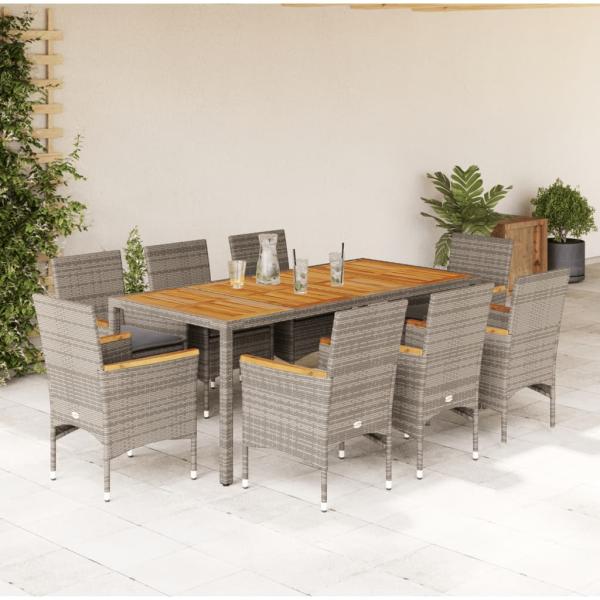 ARDEBO.de - 9-tlg. Garten-Essgruppe mit Kissen Grau Poly Rattan Akazie