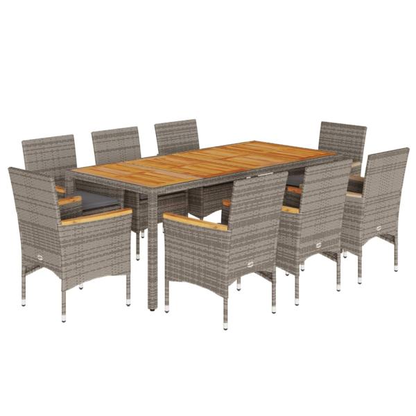 9-tlg. Garten-Essgruppe mit Kissen Grau Poly Rattan Akazie