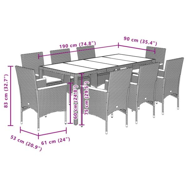 9-tlg. Garten-Essgruppe mit Kissen Grau Poly Rattan Akazie