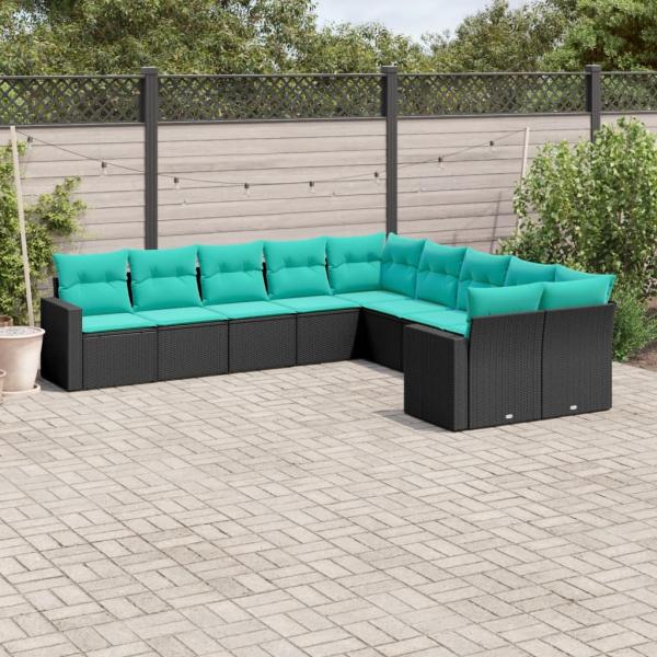 ARDEBO.de - 10-tlg. Garten-Sofagarnitur mit Kissen Schwarz Poly Rattan