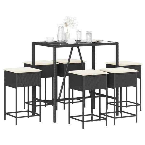 ARDEBO.de - 7-tlg. Gartenbar-Set mit Kissen Schwarz Poly Rattan