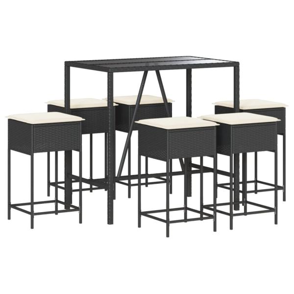 7-tlg. Gartenbar-Set mit Kissen Schwarz Poly Rattan