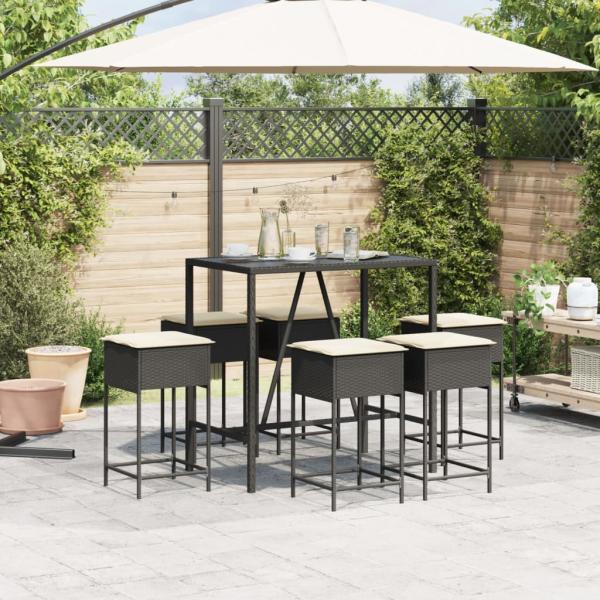 7-tlg. Gartenbar-Set mit Kissen Schwarz Poly Rattan