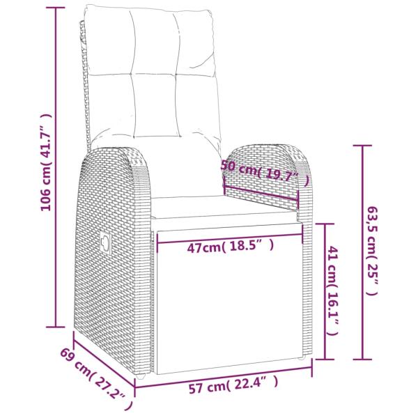 Gartensessel Verstellbar mit Kissen Schwarz Poly Rattan