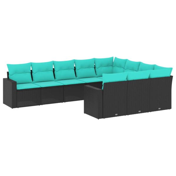 10-tlg. Garten-Sofagarnitur mit Kissen Schwarz Poly Rattan