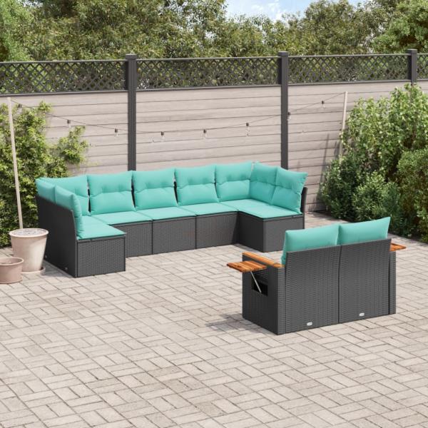 ARDEBO.de - 9-tlg. Garten-Sofagarnitur mit Kissen Schwarz Poly Rattan