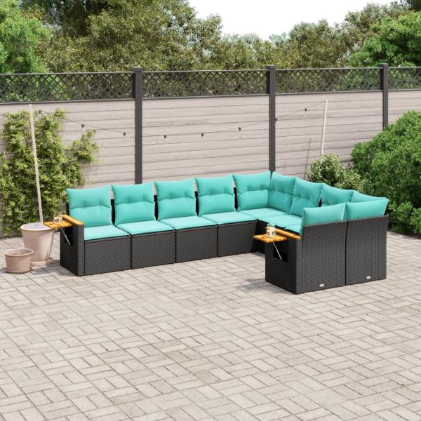 ARDEBO.de - 9-tlg. Garten-Sofagarnitur mit Kissen Schwarz Poly Rattan