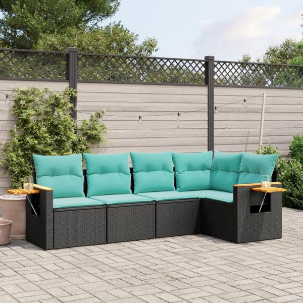 ARDEBO.de - 5-tlg. Garten-Sofagarnitur mit Kissen Schwarz Poly Rattan