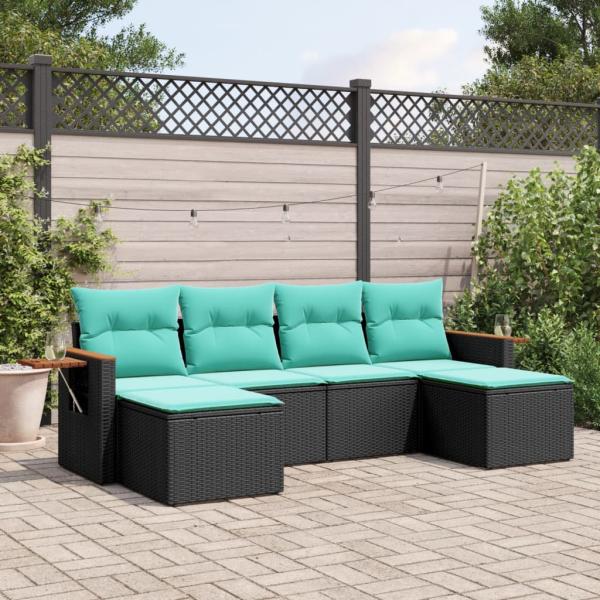 ARDEBO.de - 6-tlg. Garten-Sofagarnitur mit Kissen Schwarz Poly Rattan